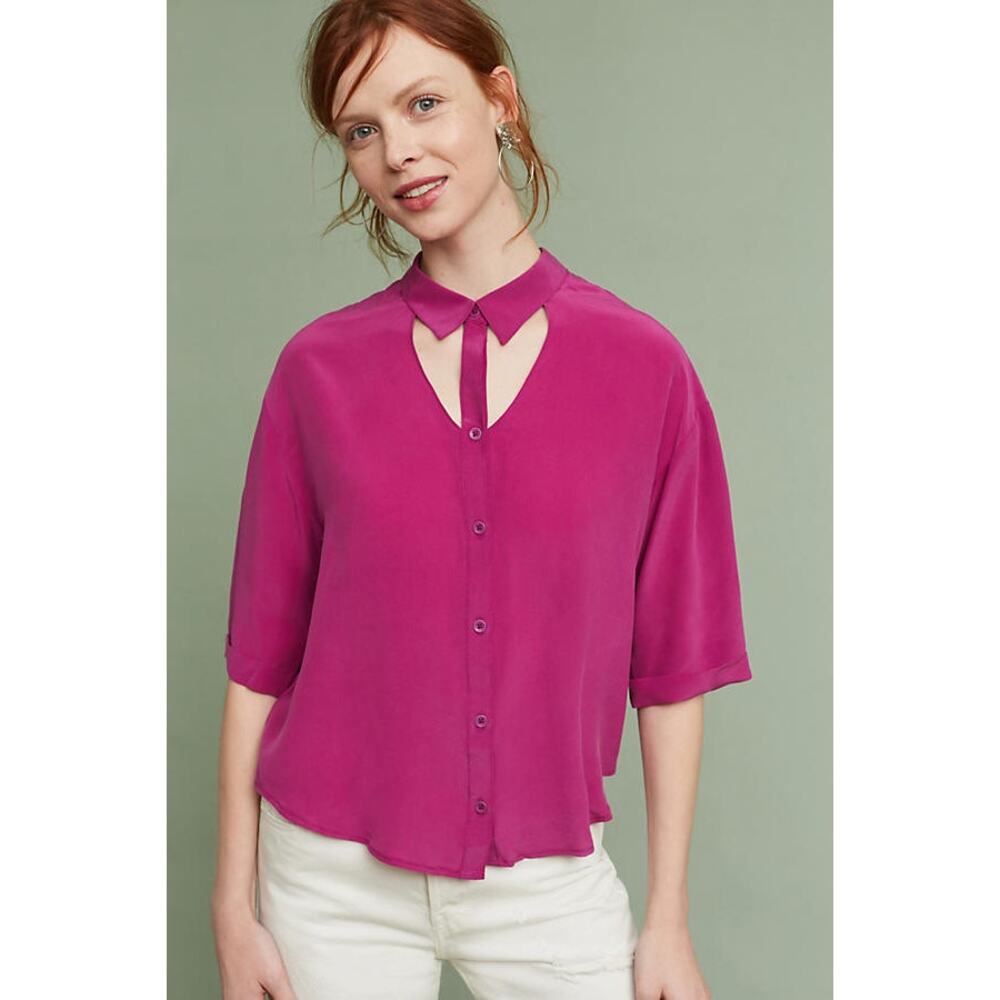 Anthropologie Blouse Womens Medium Mairead Silk Cutout Button Down Pink Maeve